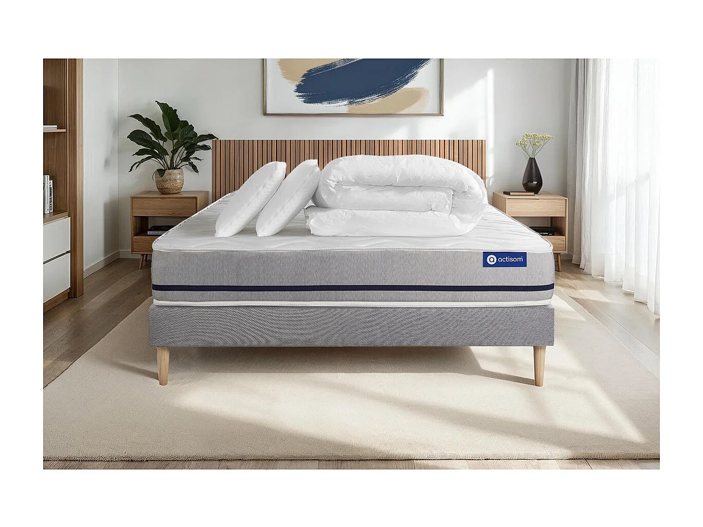 Pack prêt à dormir matelas 140x190 ACTIFLEX SOFT 3zones de confort + sommier KIT gris + 2 oreillers + couette