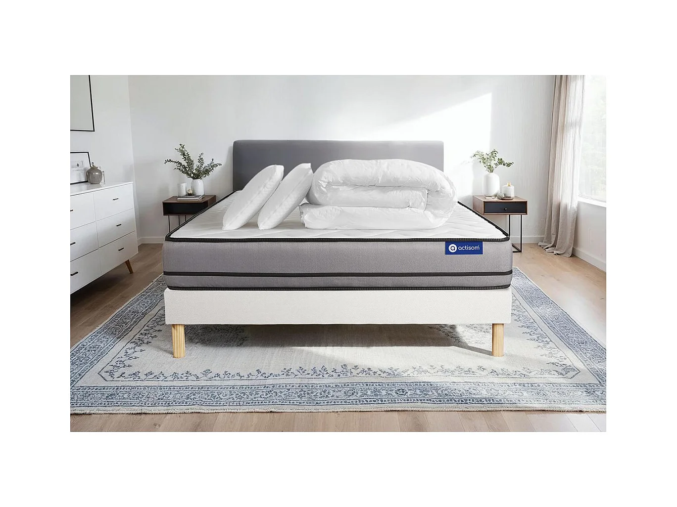 Pack prêt à dormir matelas ACTILATEX 180x200cm à MÉMOIRE DE FORME + LATEX + sommier KIT blanc + 2 oreillers + couette