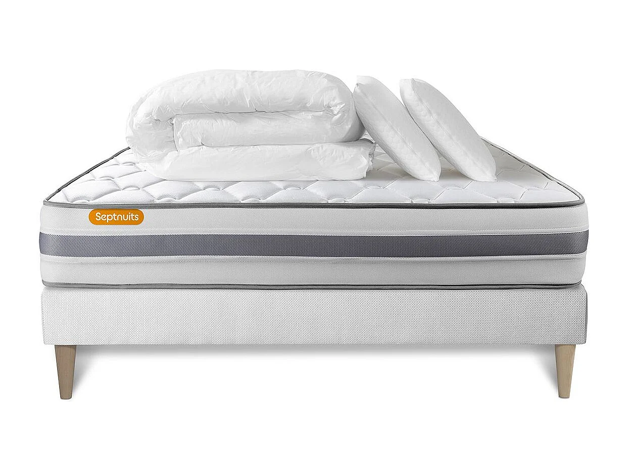 Pack matelas + sommier kit blanc 140x200 Memo Spring Ressorts ensachés MAXI épaisseur + Couette + 2 oreillers