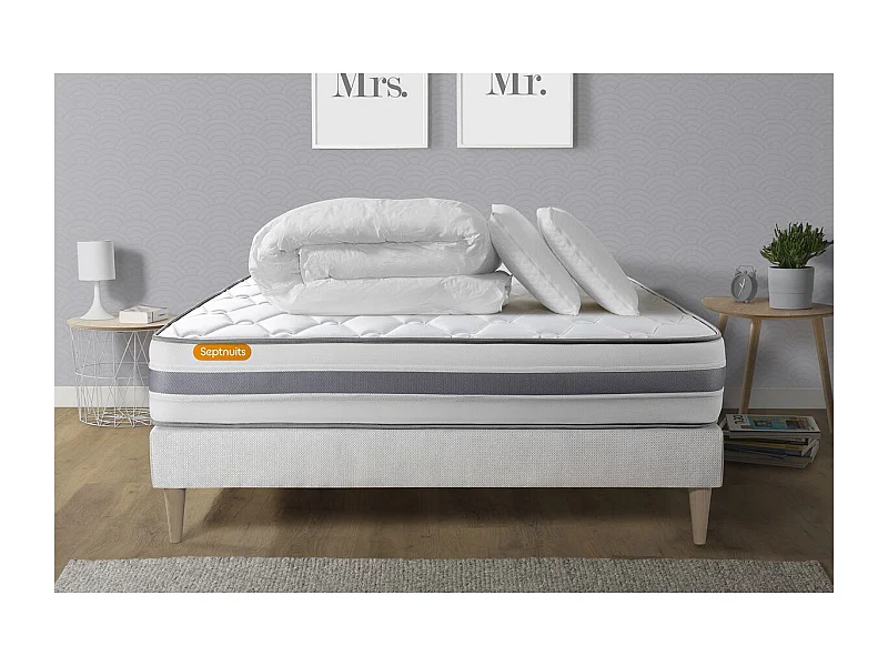 Pack matelas + sommier kit blanc 140x200 Memo Spring Ressorts ensachés MAXI épaisseur + Couette + 2 oreillers