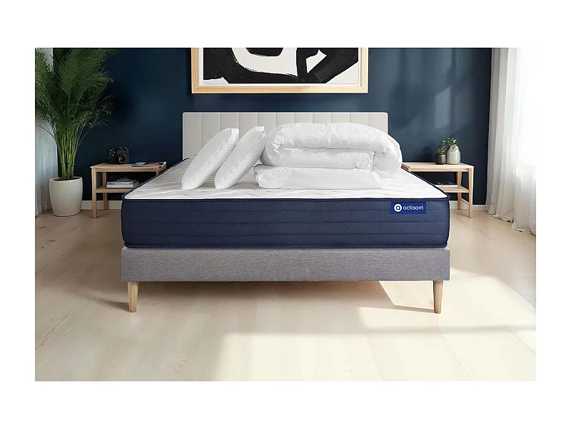 Komplettpaket Bett - Matratze 140x190 cm + Boxspringbett mit Lattenrost (im Set) + 2 Kopfkissen + Bettdecke - Actilatex Life