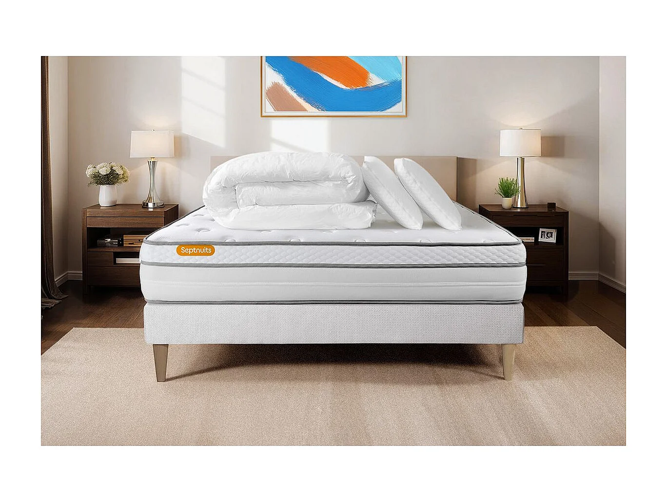 Pack matelas + sommier 140x200 Memo Luxe Ressorts ensachés + mémoire de forme 5 zones de confort MAXI épaisseur