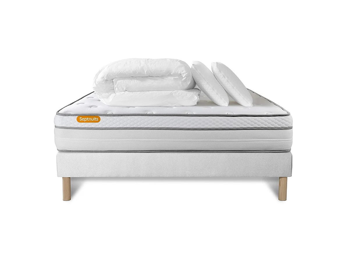 Pack matelas + sommier 140x200 Memo Luxe Ressorts ensachés + mémoire de forme 5 zones de confort MAXI épaisseur