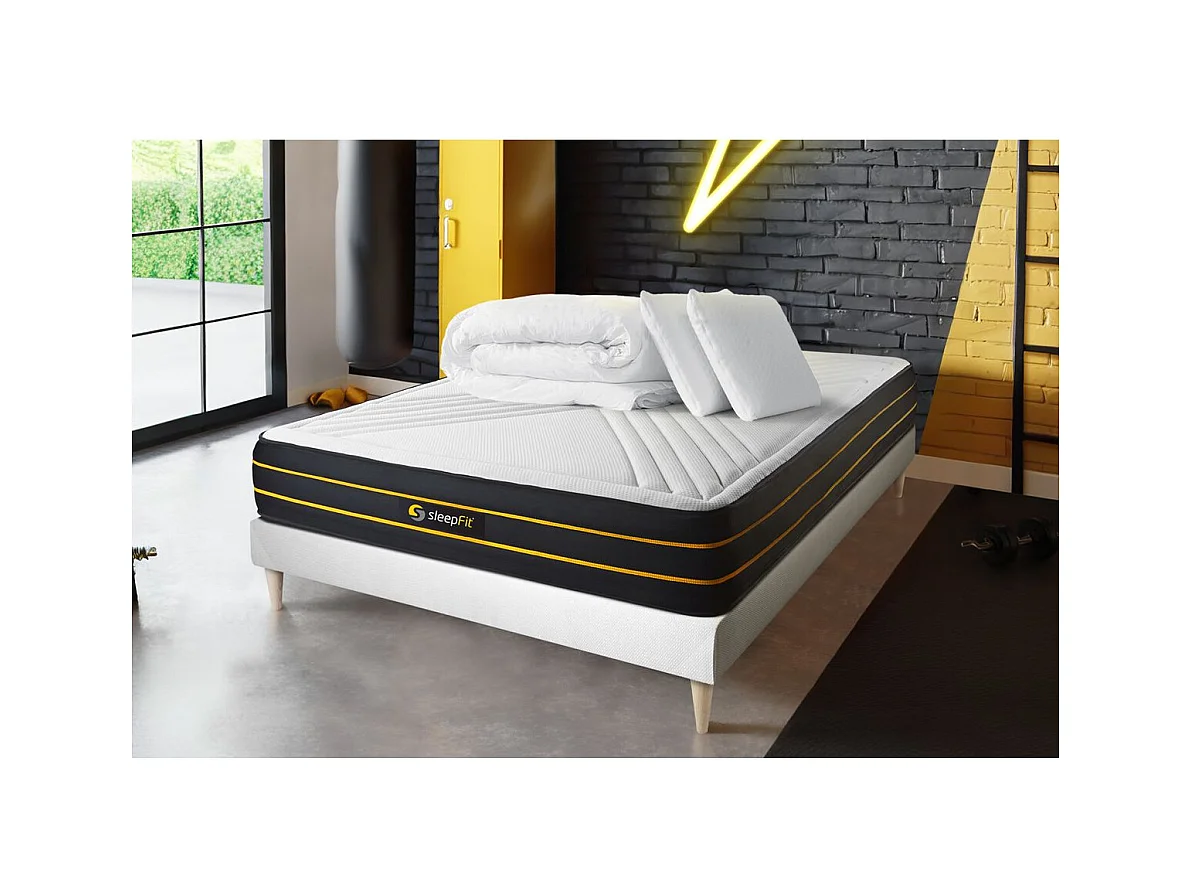 Pack prêt à dormir 160x200 matelas ULTRA + sommier kit blanc + 2 oreillers mémoire de forme 60x40cm + Couette Percale 260x240cm