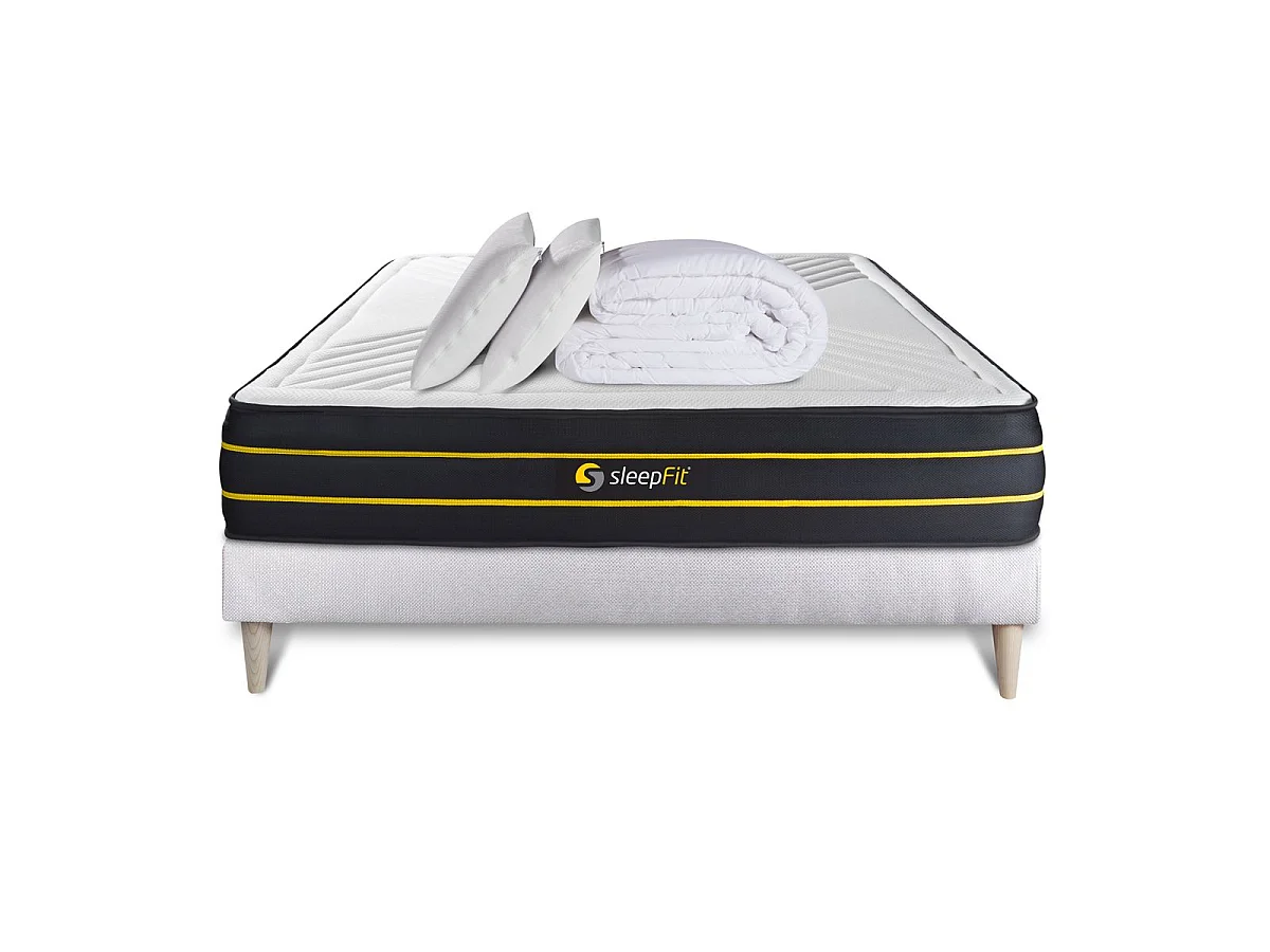 Pack prêt à dormir 160x200 matelas ULTRA + sommier kit blanc + 2 oreillers mémoire de forme 60x40cm + Couette Percale 260x240cm