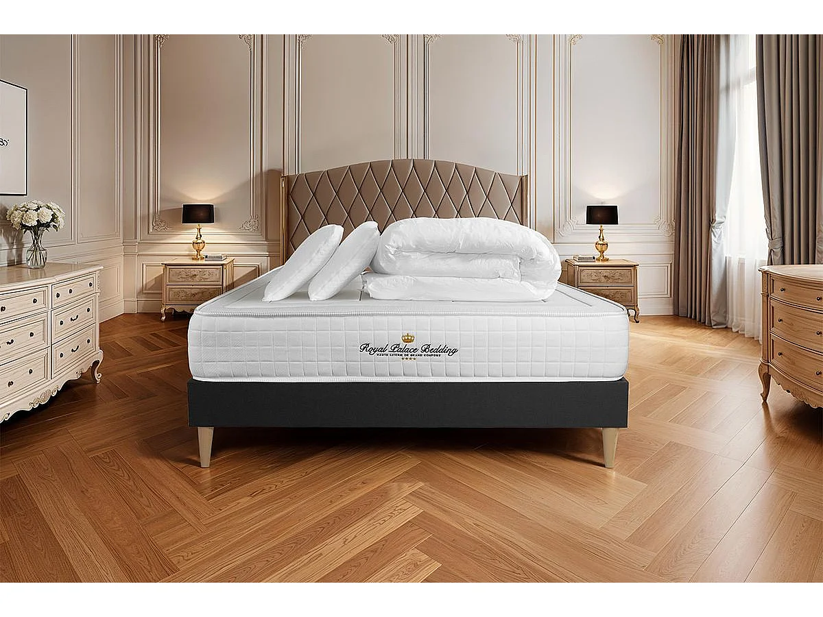 Pack matelas à mémoire de forme maxi épaisseur Balmoral 140x200cm sommier KIT noir + 2 oreillers + 1 couette 240x220cm