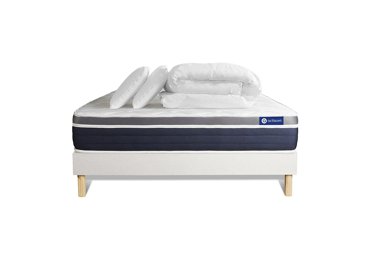 Pack prêt à dormir ACTIMEMO CONFORT Matelas mémoire de forme 140x200 Maxi épaisseur + sommier KIT blanc + 2 oreillers+couette