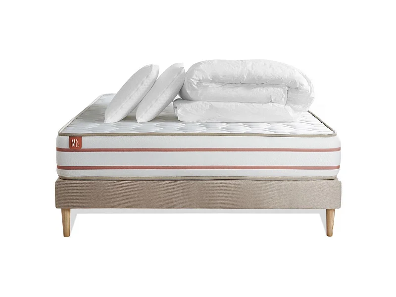 Pack prêt à dormir matelas LE DOUX 140x200cm Mémoire de forme - Ep. 24cm + sommier Beige + 2 oreillers + couette 240x220cm