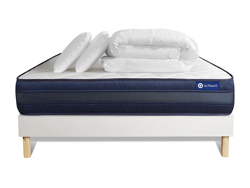 Pack prêt à dormir matelas ACTILATEX TECH 160x200 Mémoire de forme Maxi épaisseur + sommier KIT blanc + 2 oreillers +couette