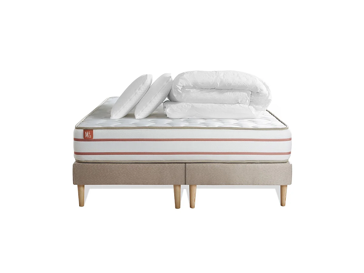 Pack prêt à dormir matelas LE DOUX 180x200cm Mémoire de forme - Ep. 24cm + double sommiers Beige + 2 oreillers +couette