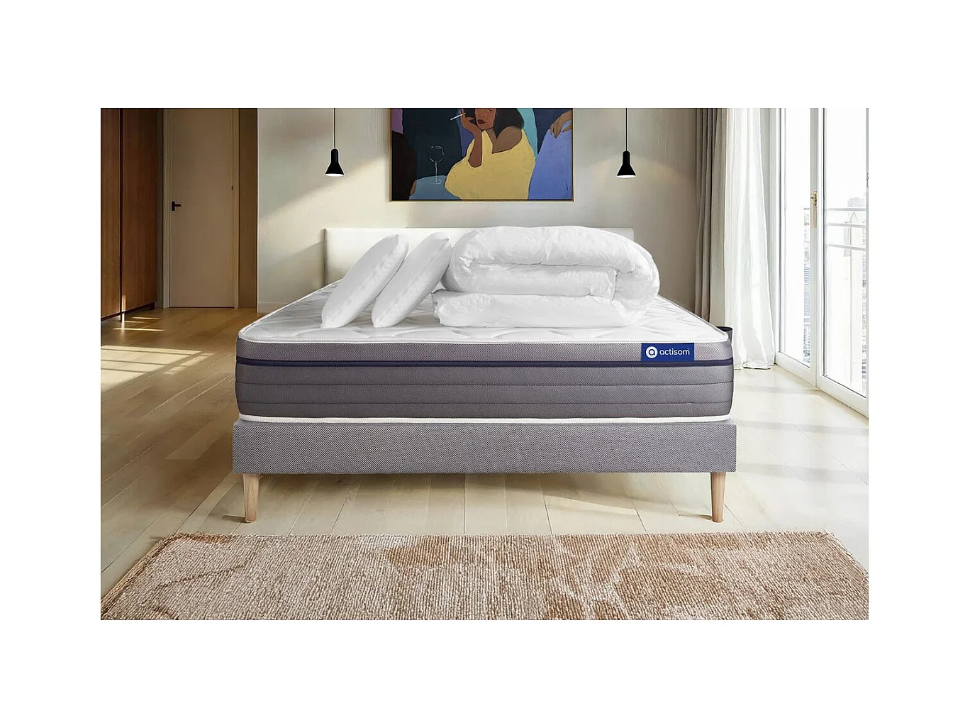 Pack prêt à dormir matelas Mémoire de forme ACTIMEMO ZEN 180x200 7zones de confort + sommier KIT gris + 2 oreillers +couette