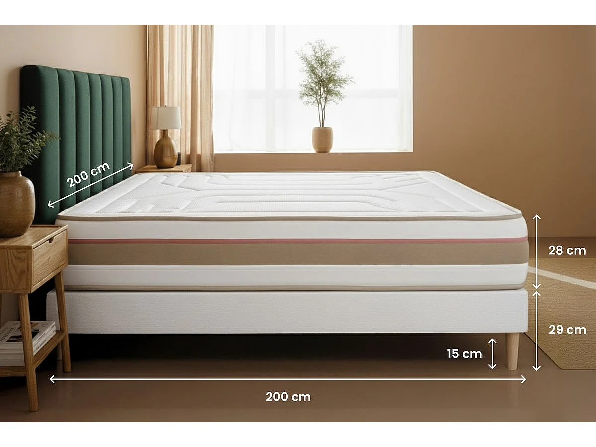 Ensemble LE TENDRE 200x200cm Ressorts ensachés + Mémoire de forme 7 zones de confort - Ep. 28cm + sommier kit Blanc