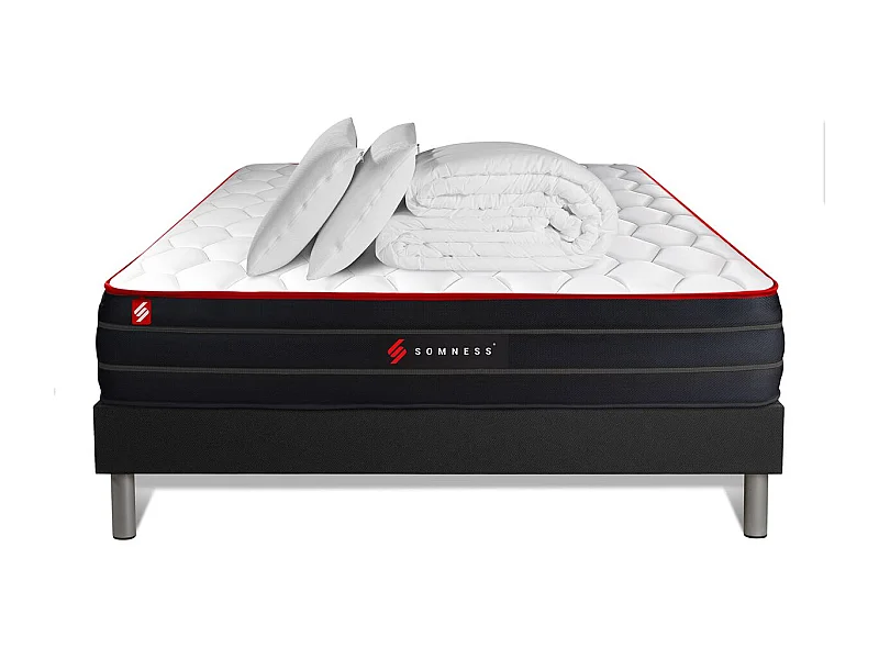 Pack matelas BOOST 140x190 + sommier noir + Couette + 2 oreillers