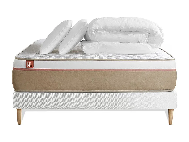 Pack prêt à dormir matelas LE SOYEUX 140x200cm Ressorts ensachés + Mémoire de forme BioVisco + sommier kit Blanc