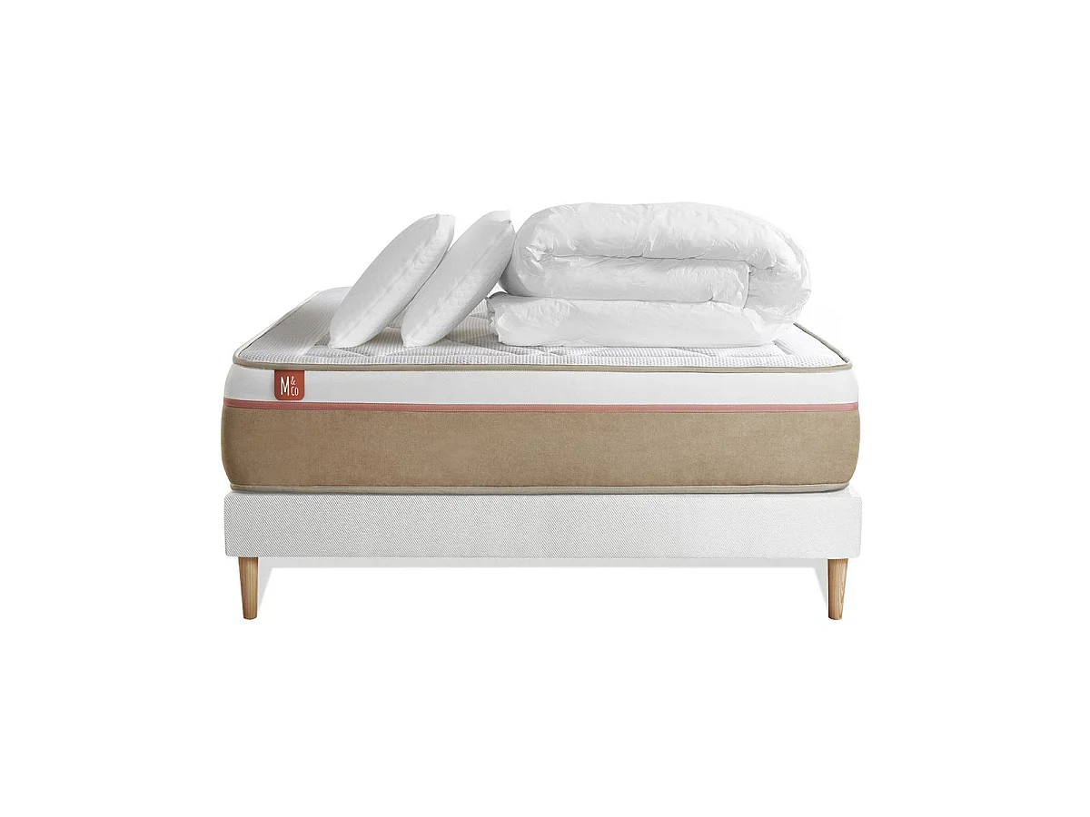 Pack prêt à dormir matelas LE SOYEUX 140x200cm Ressorts ensachés + Mémoire de forme BioVisco + sommier kit Blanc