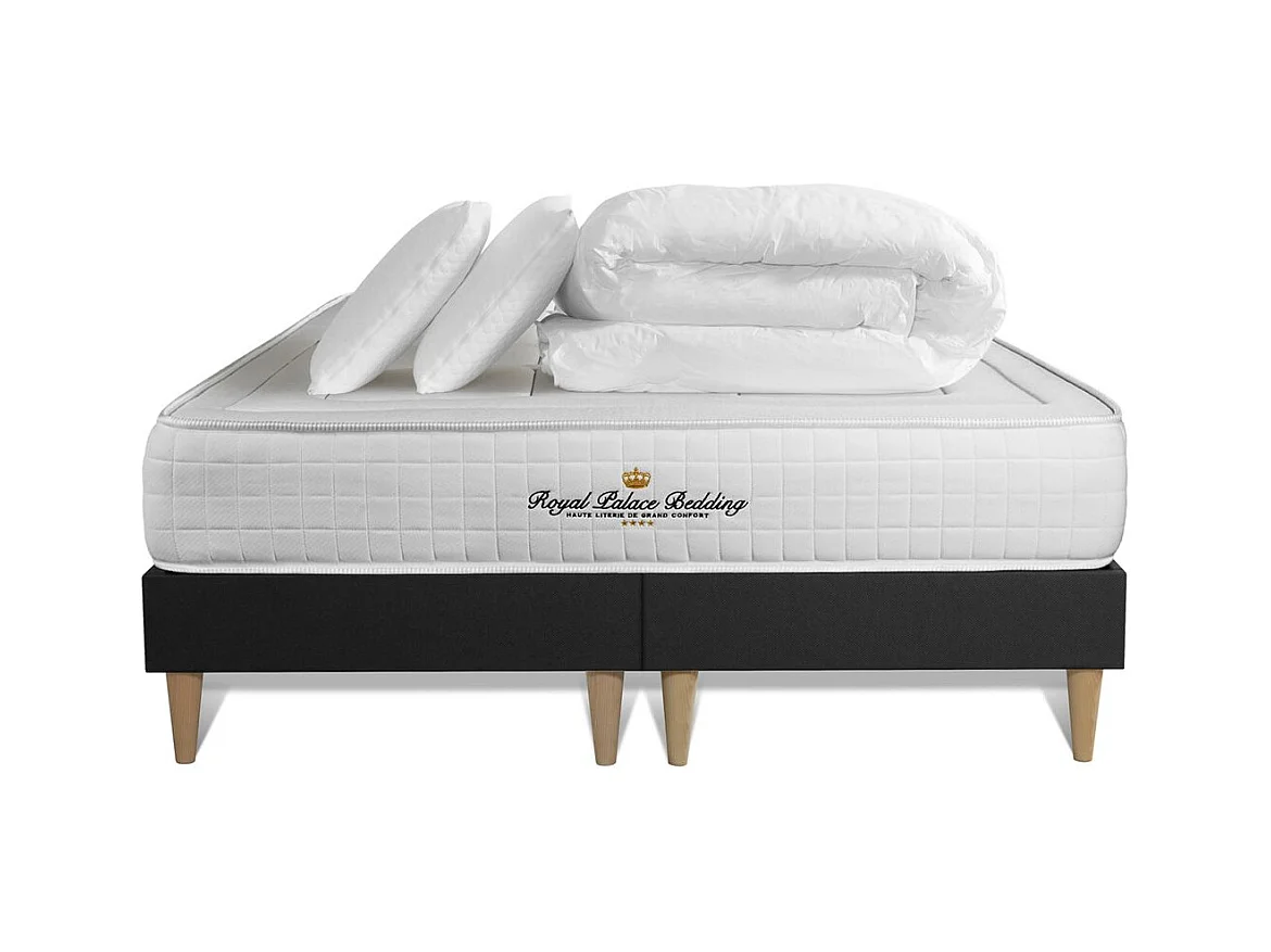 Pack matelas à mémoire de forme maxi épaisseur Balmoral 180x200cm + double sommier Noir 90x200 cm + 2 oreillers + 1 couette