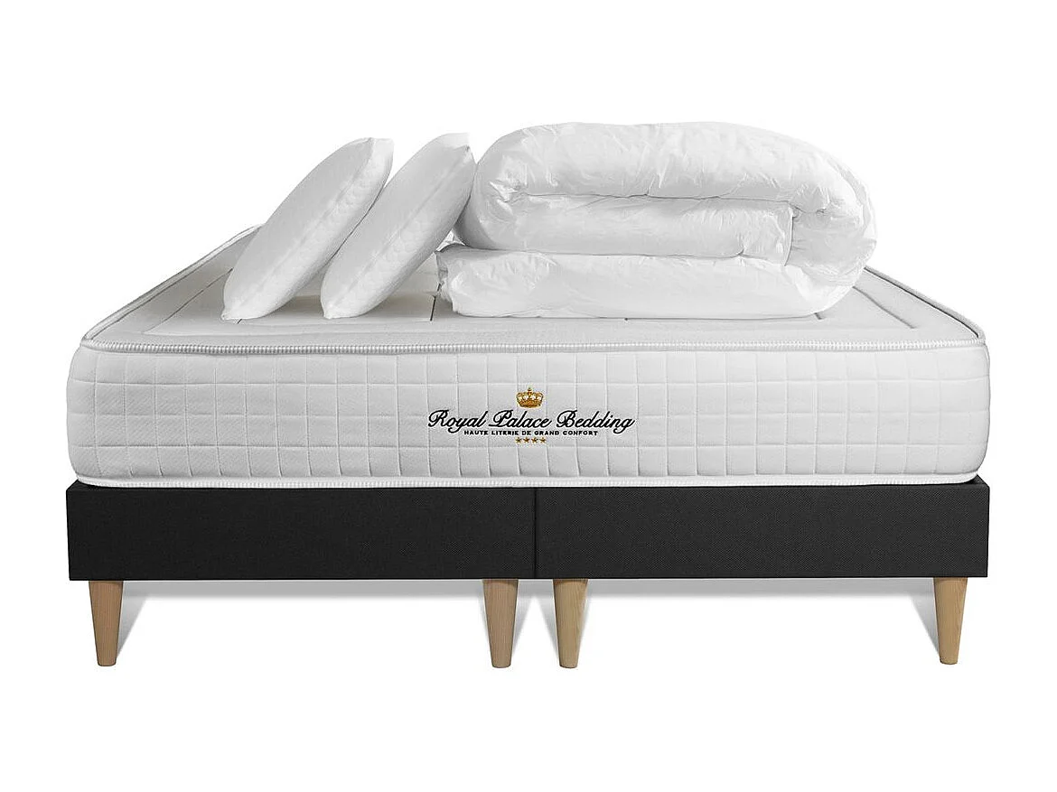 Pack matelas à mémoire de forme maxi épaisseur Balmoral 180x200cm + double sommier Noir 90x200 cm + 2 oreillers + 1 couette
