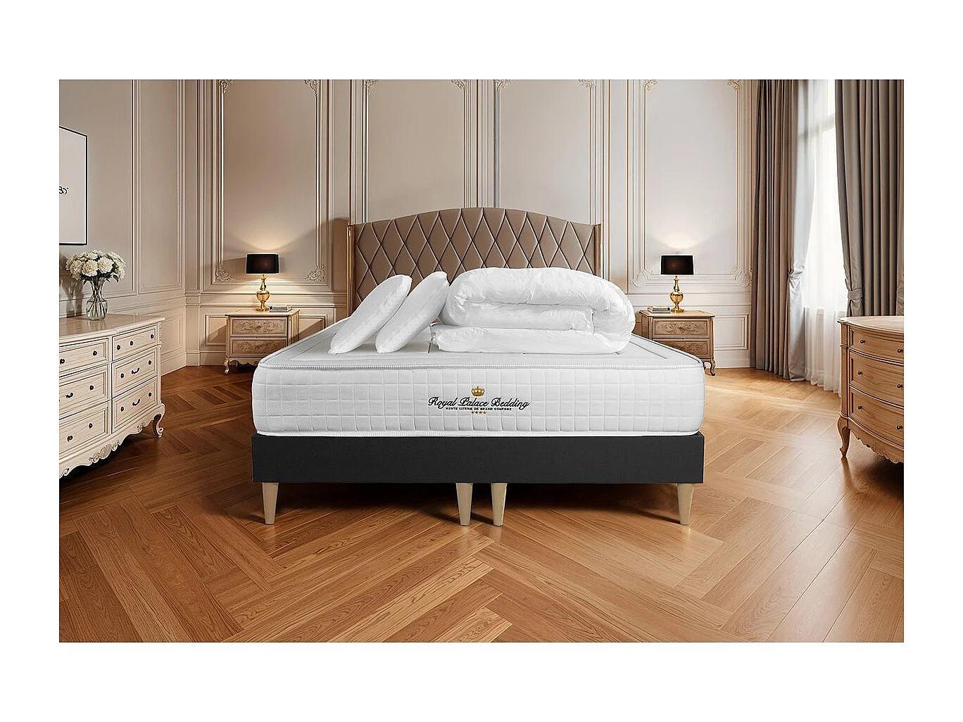 Pack matelas à mémoire de forme maxi épaisseur Balmoral 180x200cm + double sommier Noir 90x200 cm + 2 oreillers + 1 couette