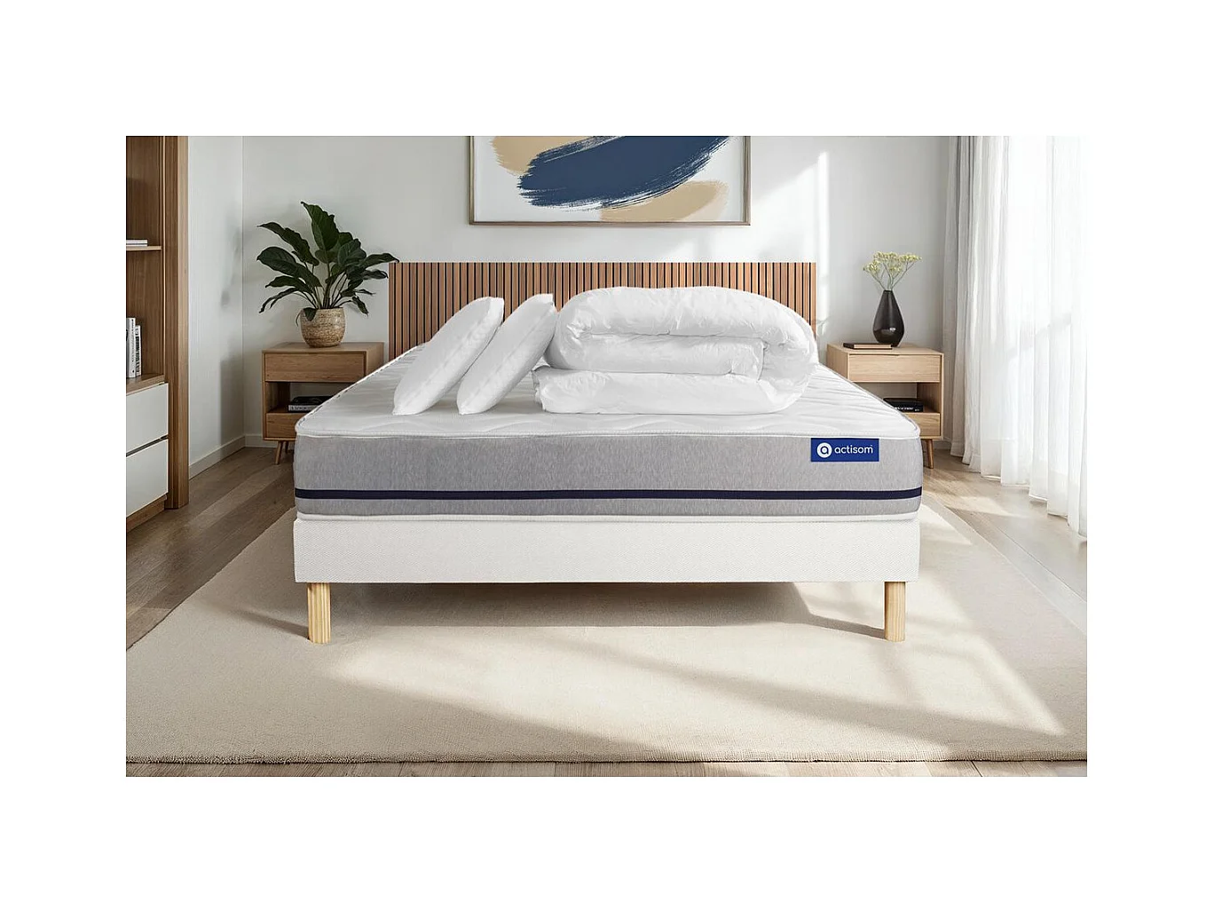 Pack prêt à dormir matelas 180x200 ACTIFLEX SOFT 3zones de confort + sommier KIT blanc + 2 oreillers + couette