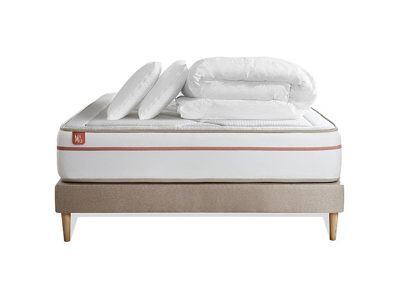 Pack prêt à dormir matelas LE PAISIBLE 140x200cm Mémoire de forme BioVisco + sommier kit Beige + 2 oreillers + couette 240x220