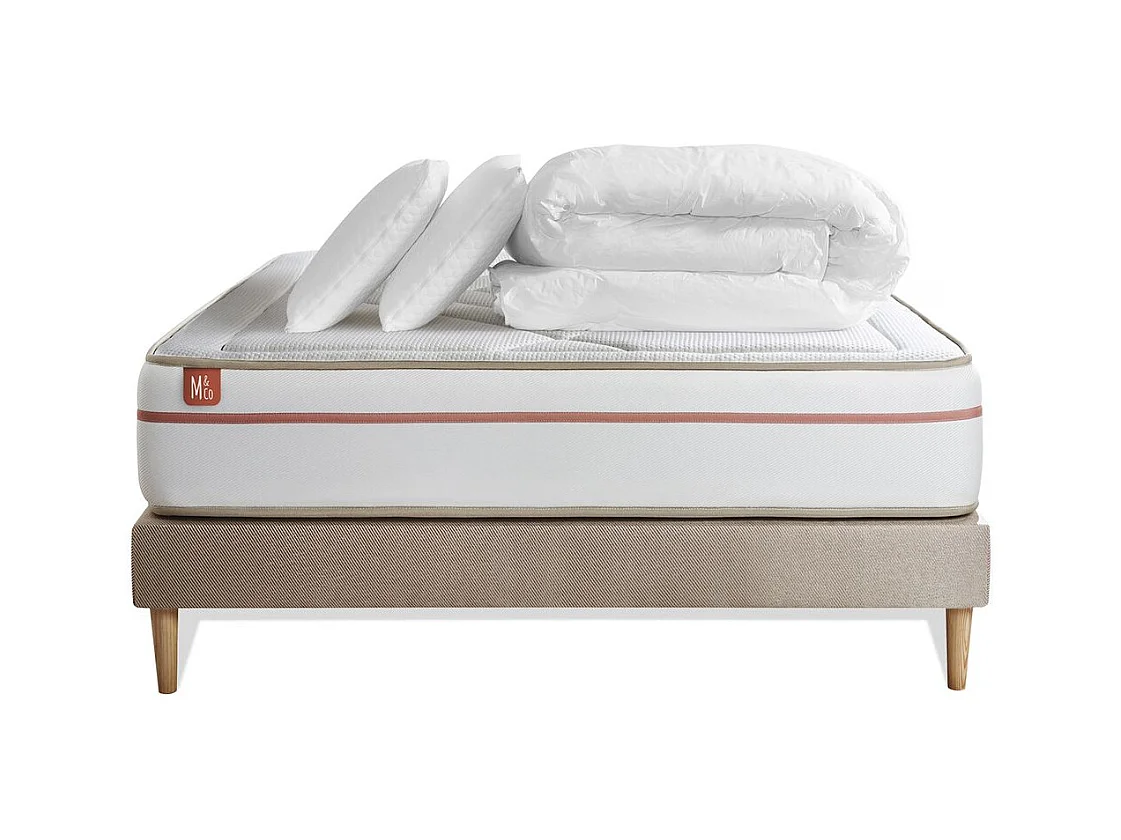 Pack prêt à dormir matelas LE PAISIBLE 140x200cm Mémoire de forme BioVisco + sommier kit Beige + 2 oreillers + couette 240x220