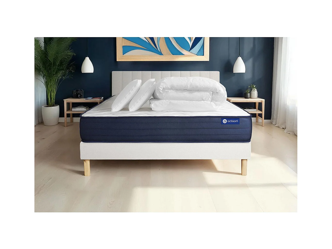 Pack prêt à dormir matelas ACTIFLEX LIFE 140x190 Ressorts ensachés + Mémoire de forme + sommier KIT blanc +2oreillers+couette