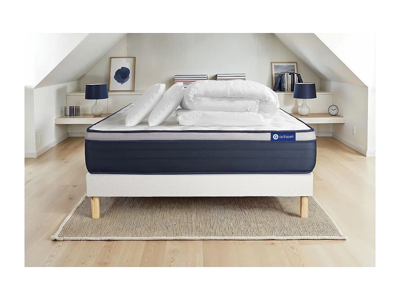 Pack prêt à dormir matelas Mémoire de forme ACTIMEMO MAX 140x200 cm Maxi épaisseur + sommier KIT blanc + 2 oreillers +couette