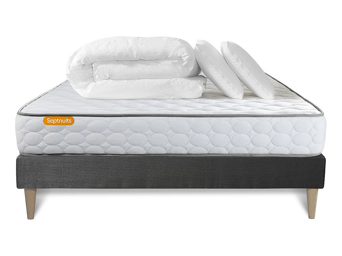 Pack matelas Memo + sommier kit gris 140x200 + 2 oreillers mémoire de forme