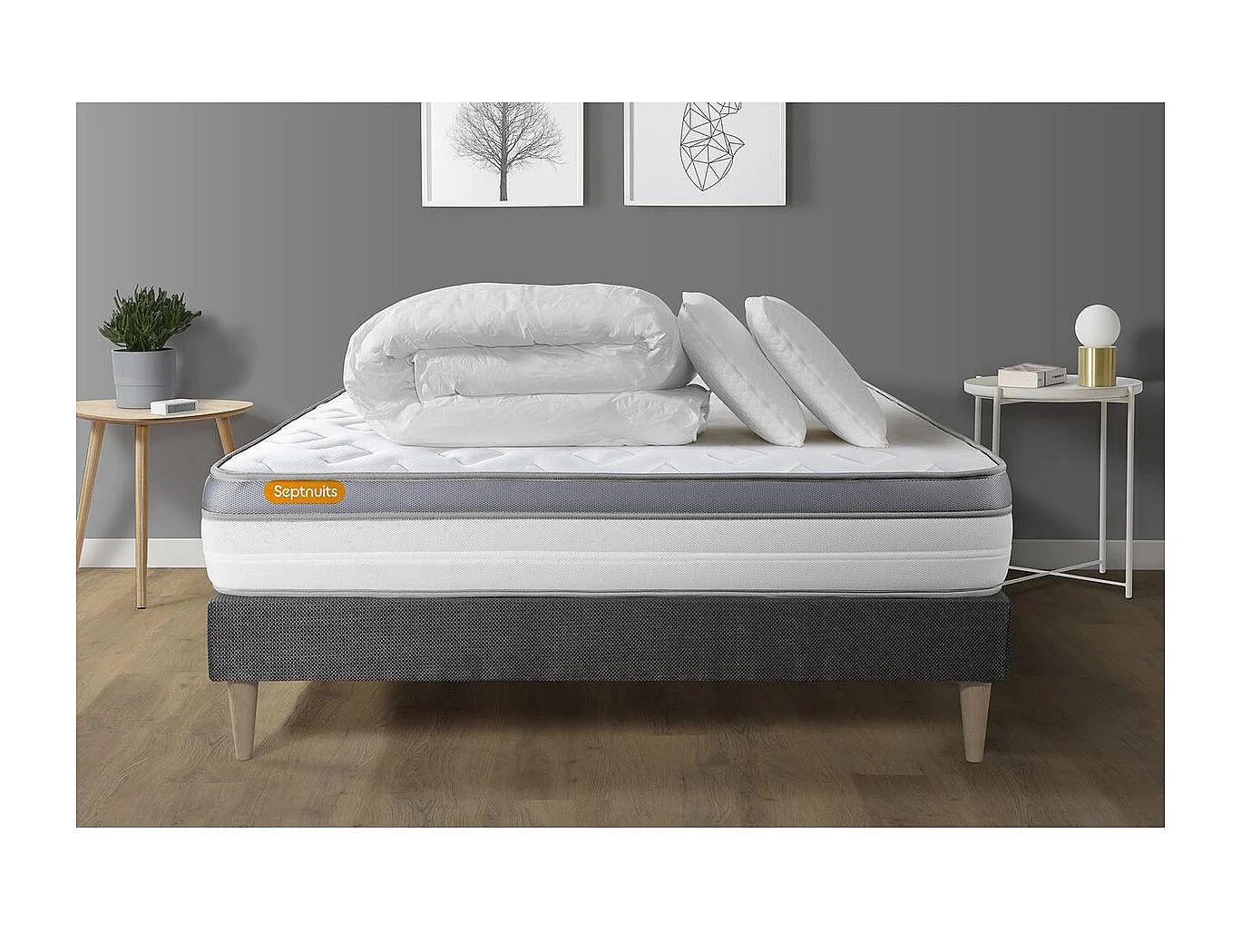 Pack matelas + sommier kit gris 160x200 Memo Zen Mousse à mémoire de forme MAXI épaisseur + Couette + 2 oreillers