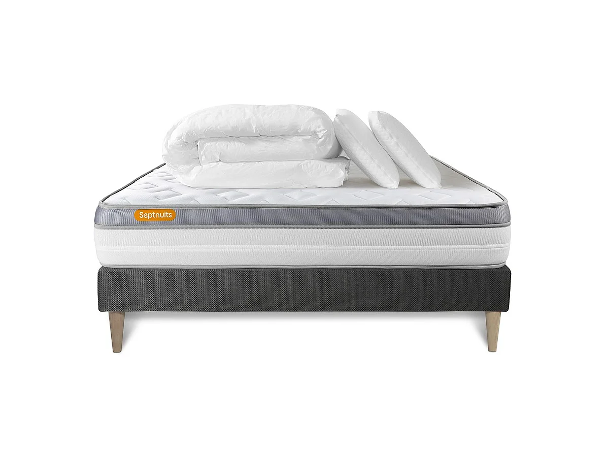 Pack matelas + sommier kit gris 160x200 Memo Zen Mousse à mémoire de forme MAXI épaisseur + Couette + 2 oreillers