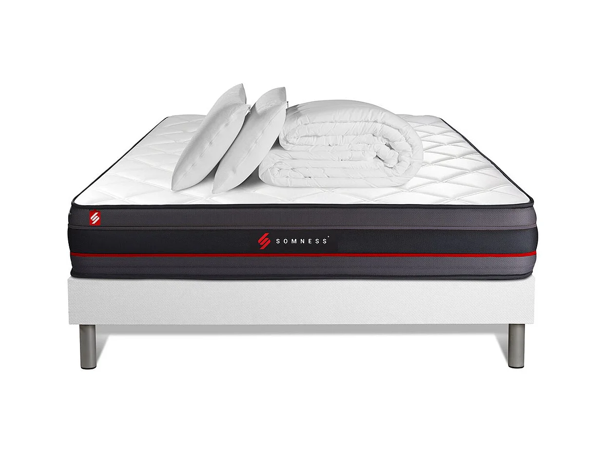 Pack prêt à dormir 140x200 matelas REGEN à mémoire de forme + sommier kit blanc + Couette 240x220 cm + 2 oreillers 60x40cm