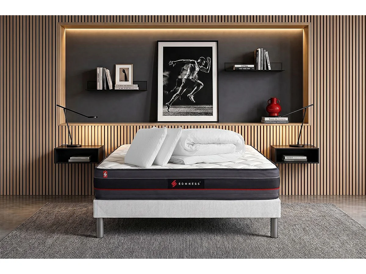 Pack prêt à dormir 140x200 matelas REGEN à mémoire de forme + sommier kit blanc + Couette 240x220 cm + 2 oreillers 60x40cm
