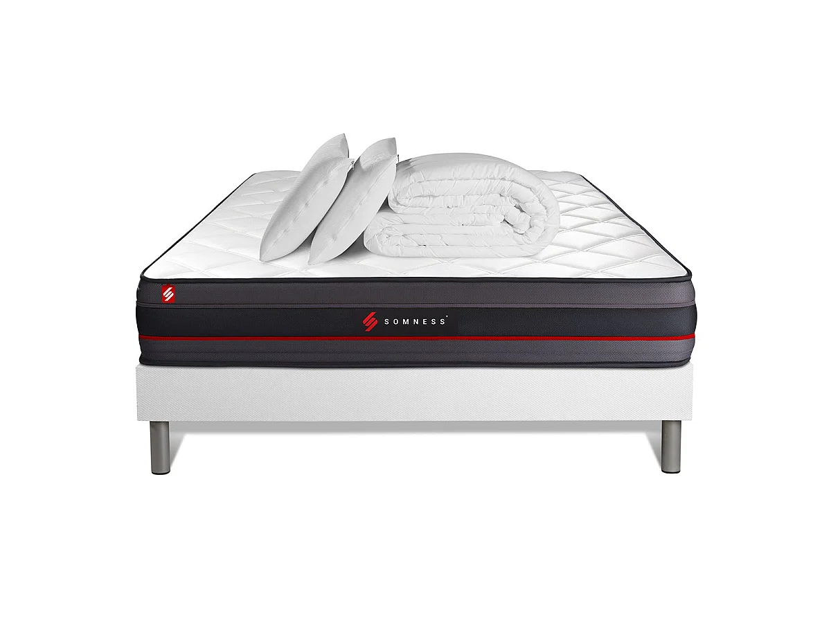 Pack prêt à dormir 140x200 matelas REGEN à mémoire de forme + sommier kit blanc + Couette 240x220 cm + 2 oreillers 60x40cm