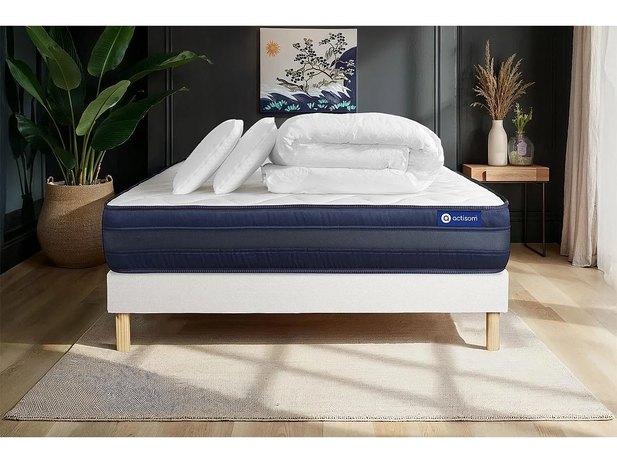 Pacchetto letto completo - Materasso 140x190cm + Box spring con doghe (kit) + 2 cuscini + Piumino - Actilatex Tech