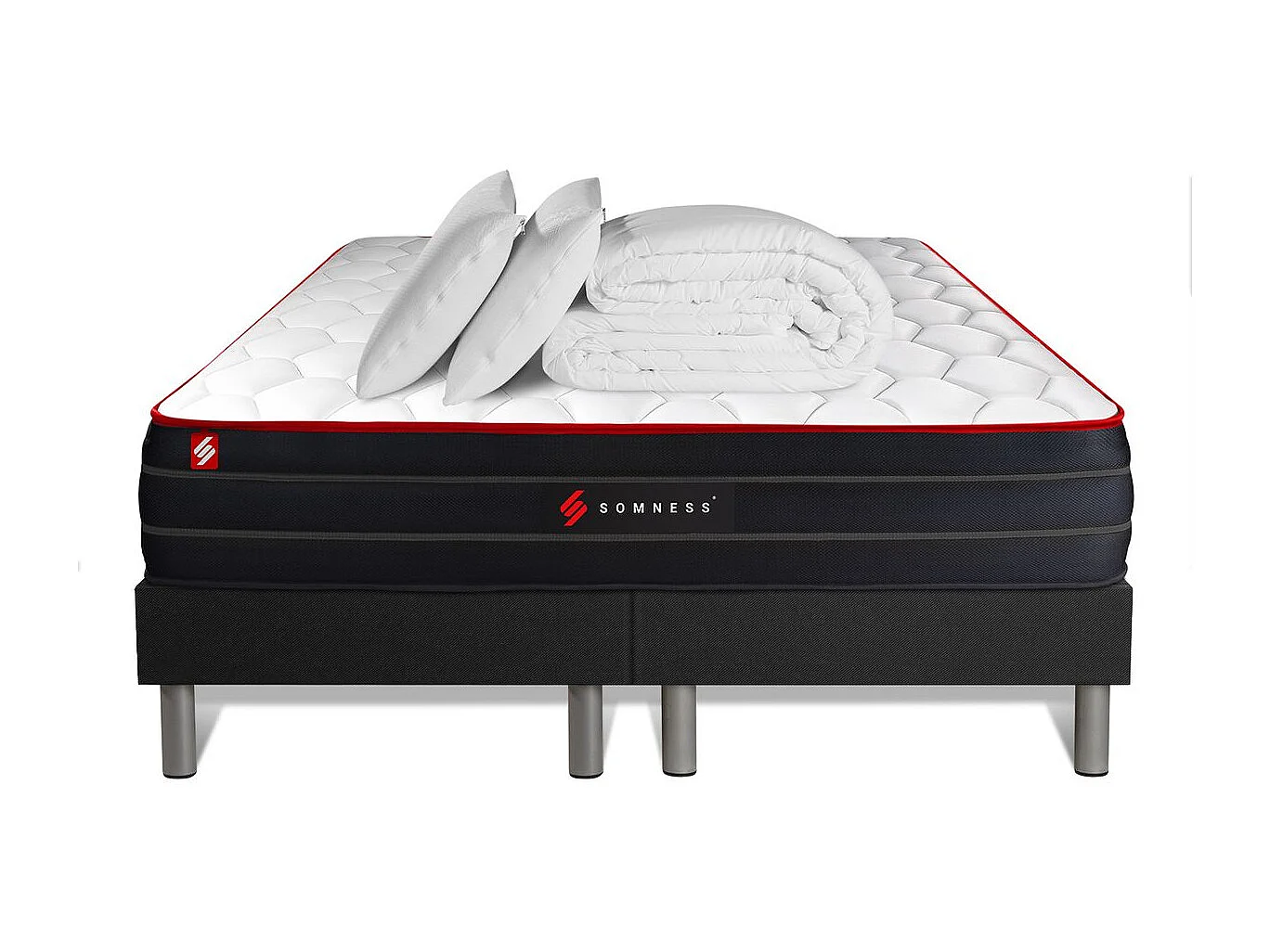 Pack matelas BOOST 160x200 + double sommiers noir 80x200 + Couette + 2 oreillers
