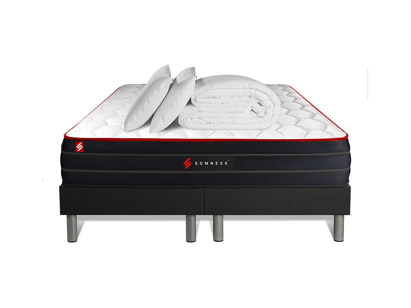 Pack matelas BOOST 160x200 + double sommiers noir 80x200 + Couette + 2 oreillers