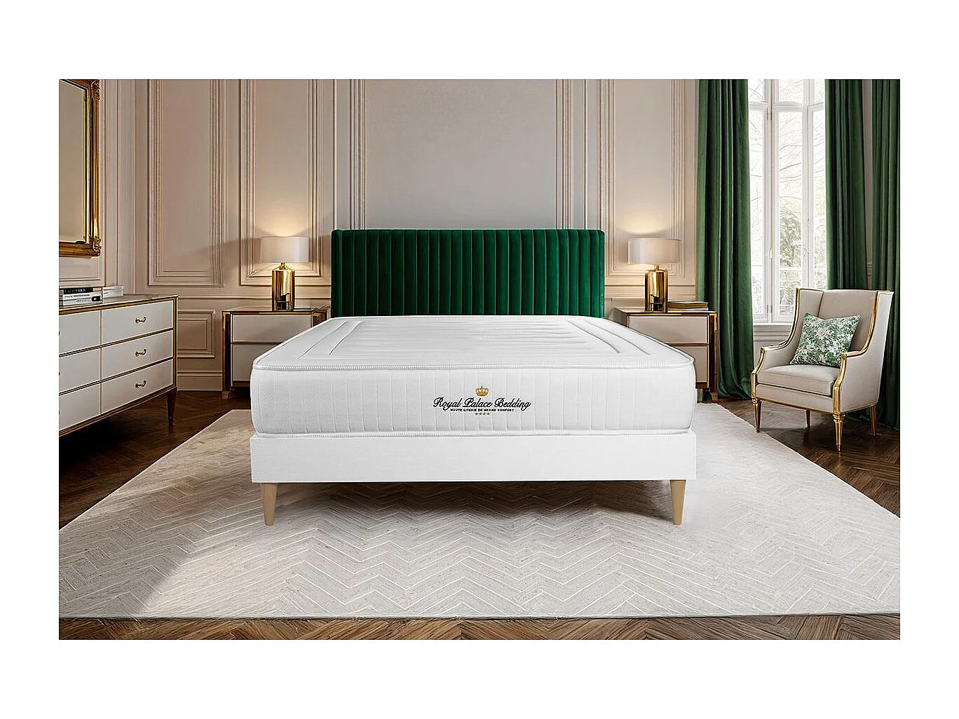 Colchón LANCASTER 140x190cm, Grosor : 22cm, Muelles ensacados y espuma viscoelástica, firme, 3 zonas de confort + SOMIER blanco