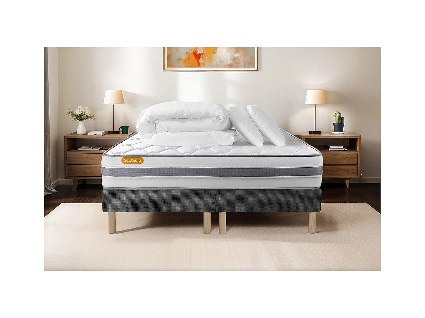 Pack matelas 180x200 + double sommiers gris 90x200 Memo Spring Ressorts ensachés 3 zones MAXI épaisseur + Couette + 2 oreillers