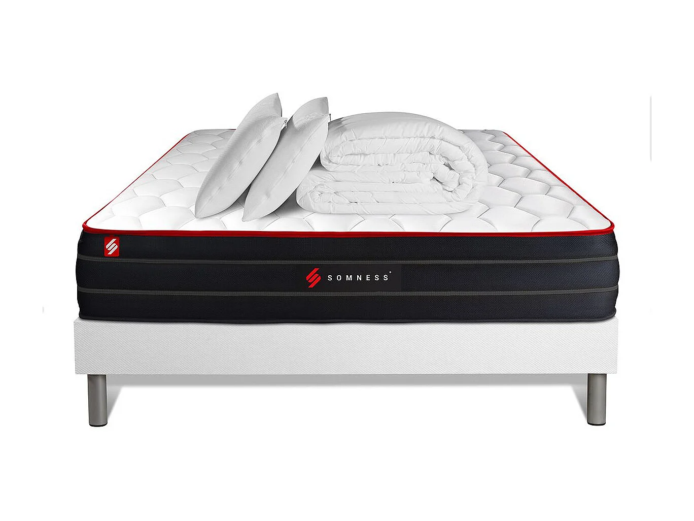 Pack matelas BOOST 140x200 + sommier blanc + Couette + 2 oreillers