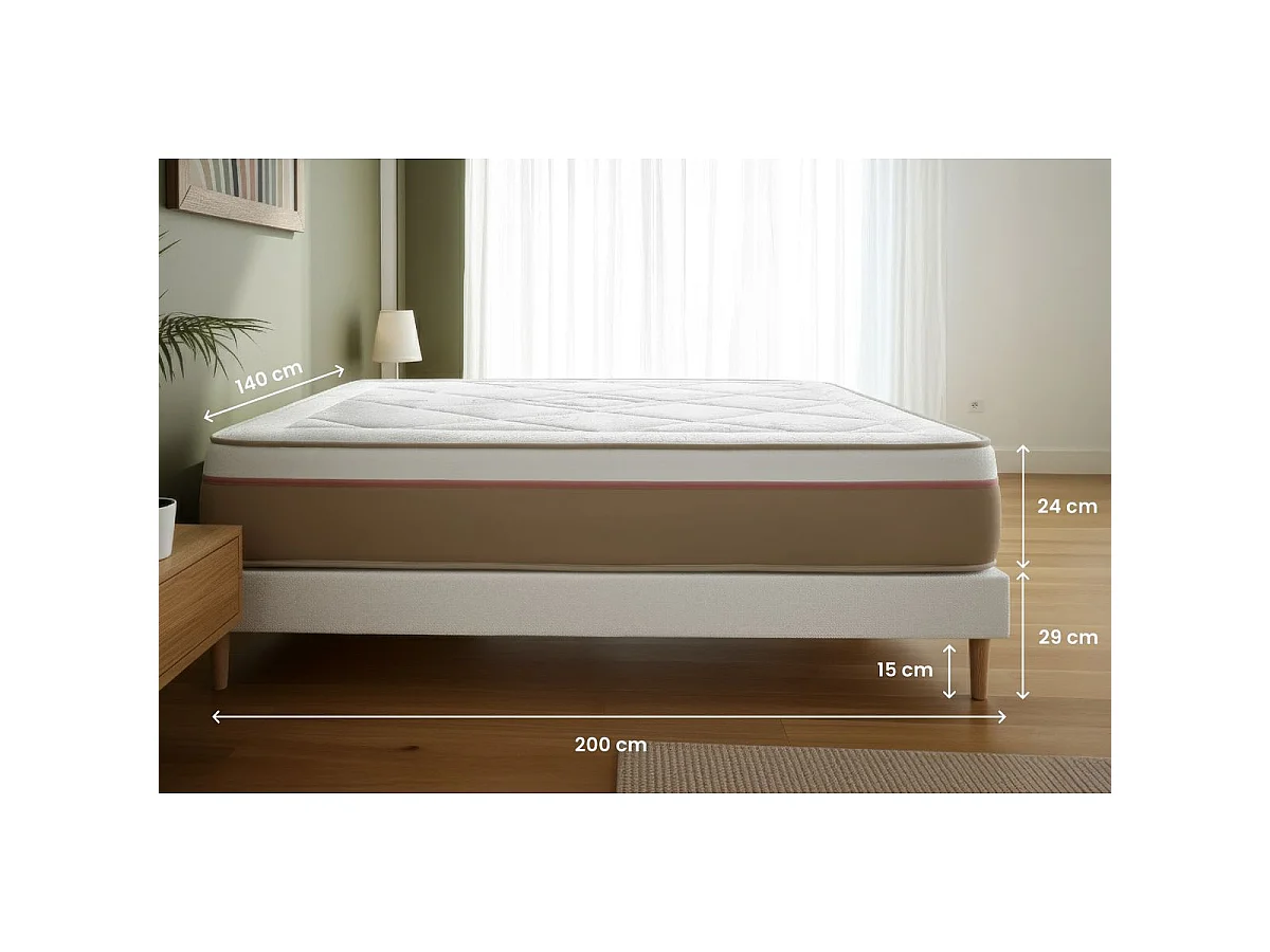 Pack prêt à dormir matelas LE SOYEUX 140x200cm Ressorts ensachés + Mémoire de forme BioVisco + sommier Beige