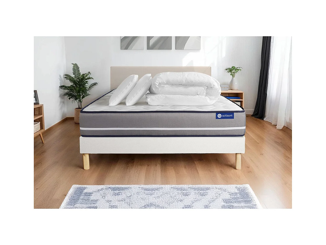 Pack prêt à dormir matelas à mémoire ACTIMEMO PUR 200x200cm 3zones de confort + sommier KIT blanc + 2 oreillers + couette