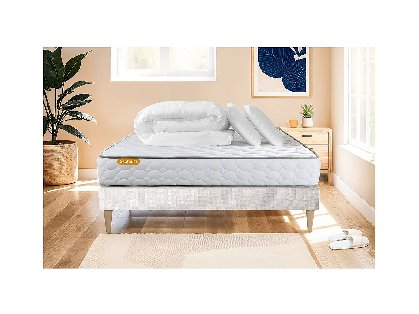 Pack matelas Memo + sommier 140x190 + 2 oreillers mémoire de forme