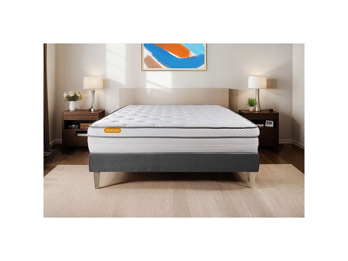 Matelas + sommier gris 90x200 Memo Luxe Ressorts ensachés + mémoire de forme 5 zones de confort MAXI épaisseur