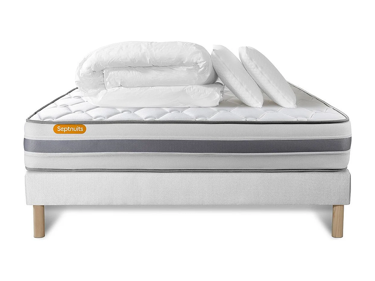Pack matelas + sommier 160x200 Memo Spring Ressorts ensachés 3 zones MAXI épaisseur + Couette + 2 oreillers