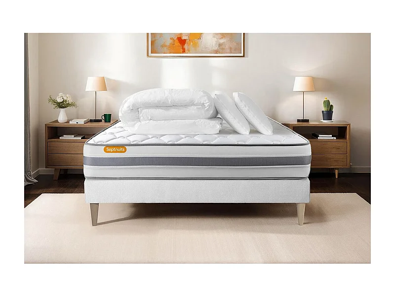 Pack matelas + sommier 160x200 Memo Spring Ressorts ensachés 3 zones MAXI épaisseur + Couette + 2 oreillers