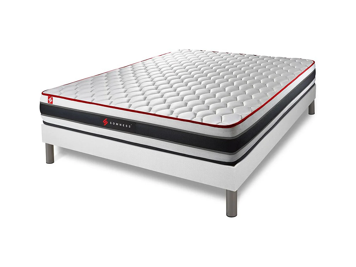 Pack prêt à dormir 140x200 matelas ENERGY ressorts ensachés et mémoire de forme + sommier kit blanc + Couette + 2 oreillers