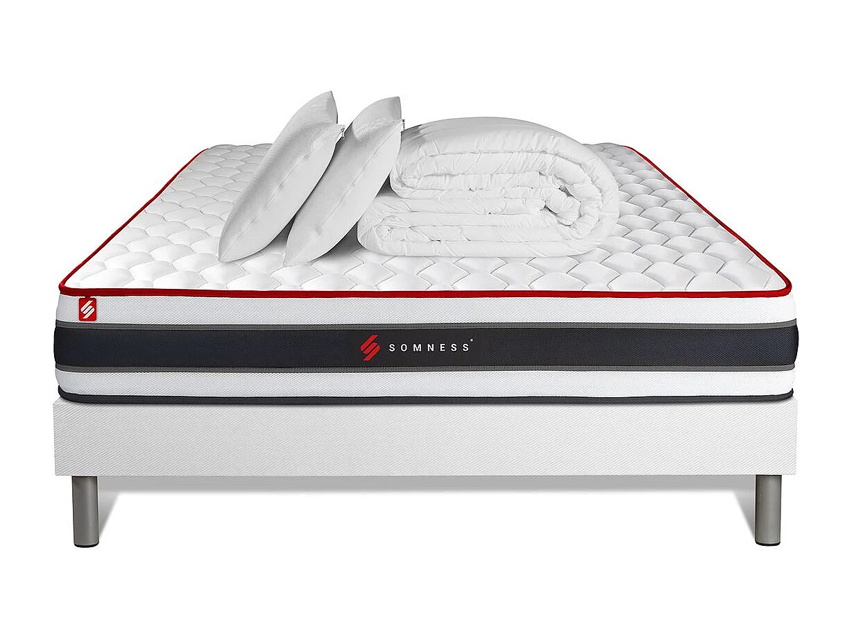 Pack prêt à dormir 140x200 matelas ENERGY ressorts ensachés et mémoire de forme + sommier kit blanc + Couette + 2 oreillers
