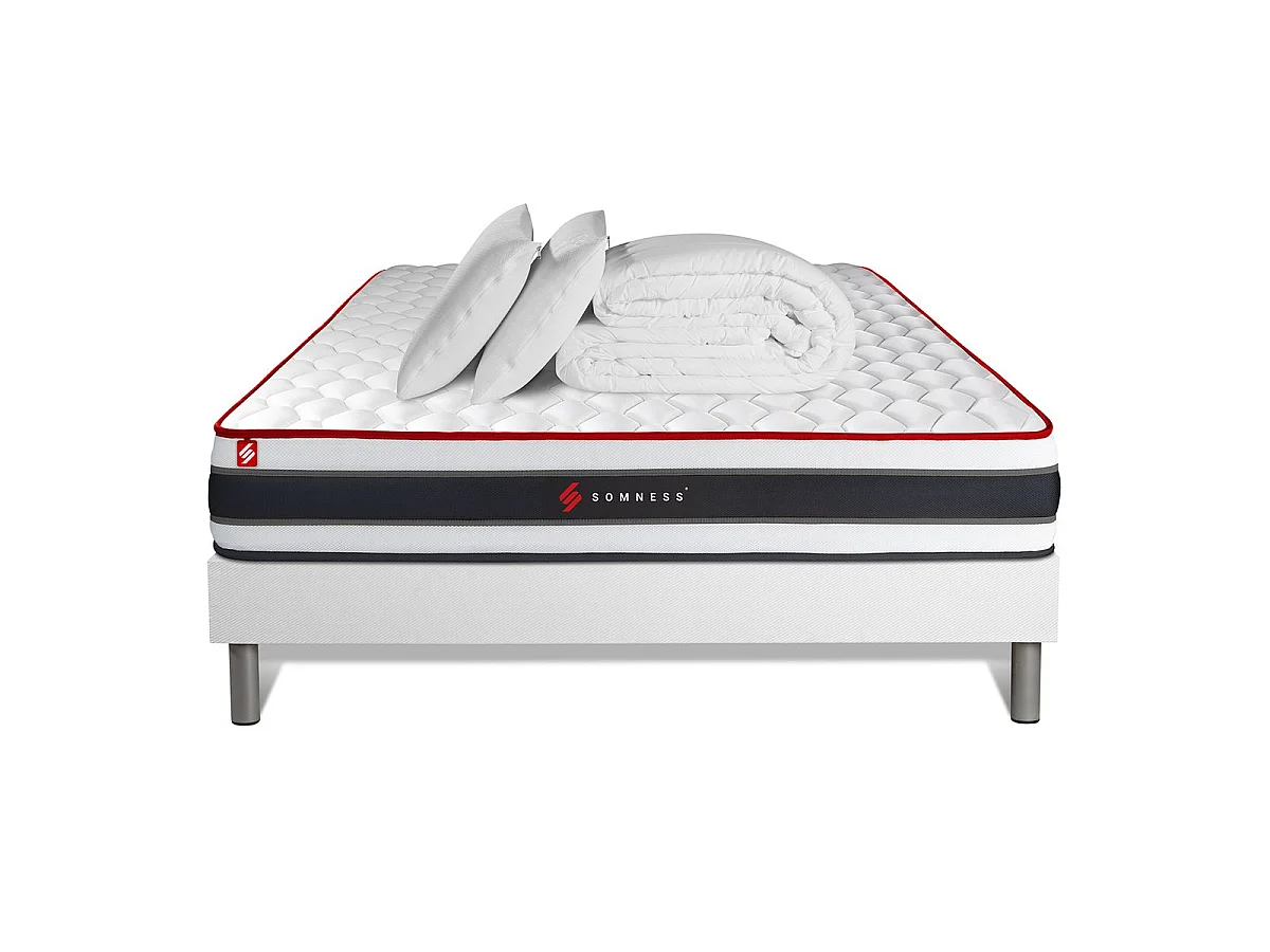 Pack prêt à dormir 140x200 matelas ENERGY ressorts ensachés et mémoire de forme + sommier kit blanc + Couette + 2 oreillers