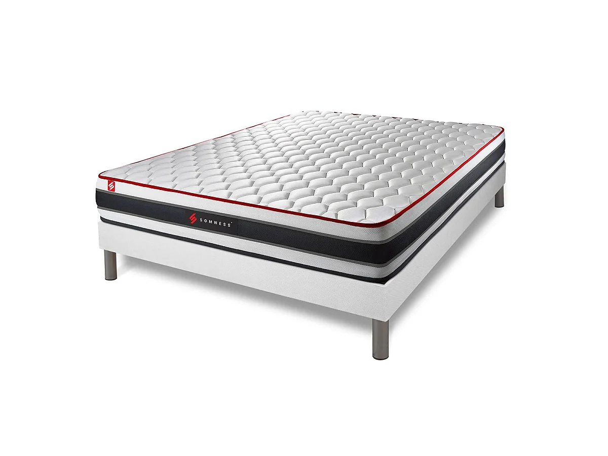 Pack prêt à dormir 140x200 matelas ENERGY ressorts ensachés et mémoire de forme + sommier kit blanc + Couette + 2 oreillers