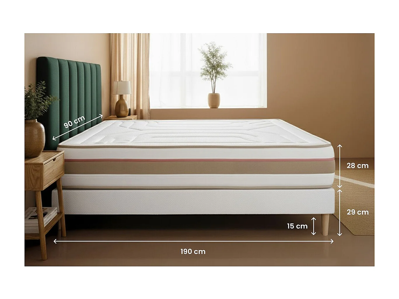 Ensemble LE TENDRE 90x190cm Ressorts ensachés + Mémoire de forme 7 zones de confort - Ep. 28cm + sommier Beige